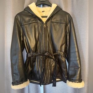 Wilsons Leather Dark Brown Leather Coat, Hooded and Faux Fur Lined